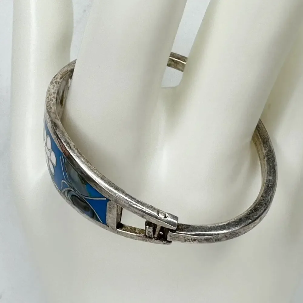 Vintage Mexico Blue Inlay Abalone Butterfly White Flower Child Hinged Bangle ✨